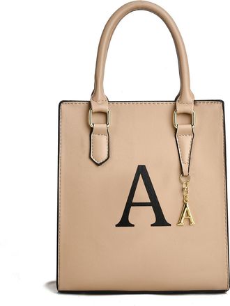 I Ihayner Women Tote Bag Personalized Initial Top Handle Bag for Women Small Leather Handbags with Letter Pendant, Khaki-a, Medium
