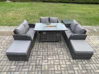 Fimous Rattan Outdoor Garden Furniture Sofa Set Gas Fire Pit Dining Table Gas Heater with Side Table Love Sofa 2 Big Footstool in Dark Grey