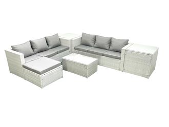Fimous Garden Outdoor PE Rattan Furniture Set 7 Seater Rattan Garden Sofa Set with Big Footstool 2 Side Tables Light Grey Mixed