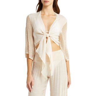 Elan Open Stitch Accent Tie Front Cover-Up Top in Natural at Nordstrom, Size Medium