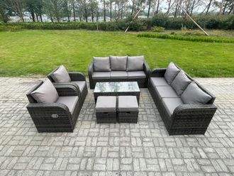 Fimous Patio Garden Furniture Sets Wicker 10 Seater Outdoor Rattan Furniture Sofa Sets with Rectangular Coffee Table Reclining Chair Footstools