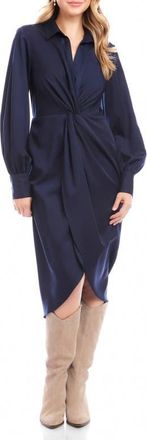 Karen Kane Savannah Twist Front Long Sleeve Sateen Midi Dress in Navy at Nordstrom, Size X-Large