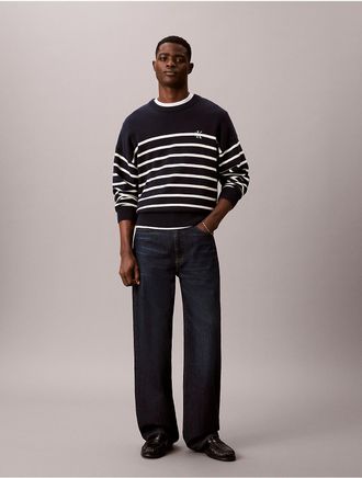 Calvin Klein Jeans Calvin Klein Mens Striped Monogram Logo Relaxed Sweater - Blue - 2XL