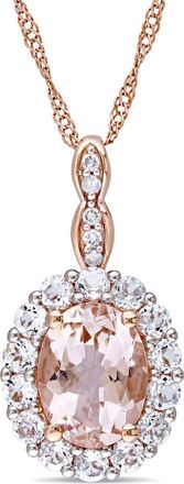 Amour Oval-cut Morganite, White Topaz and Diamond Accent Halo Drop Necklace In 14K Rose Gold
