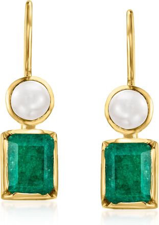 Ross-Simons 4.5-5mm Cultured Pearl and Emerald Drop Earrings in 18kt Gold Over Sterling