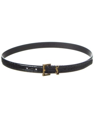 Saint Laurent Cassandre Croc-Embossed Leather Belt