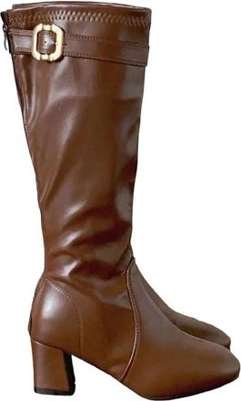 Generic Womens Thick Heel Knee High Boots Belt Buckle Square Toe Stretch Slim Long Booties Winter Footwear