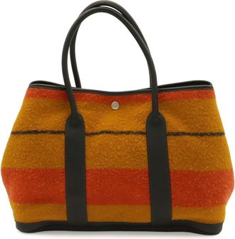 Herm&egrave;s Garden Navy Orange Yellow Wool Leather Handbag Tote Bag (Pre-Owned)