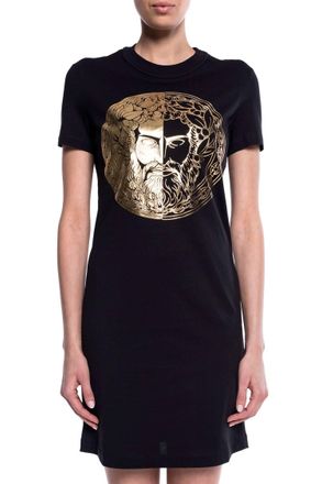 Versace Couture Women Gold Logo T-Shirt Dress In Black
