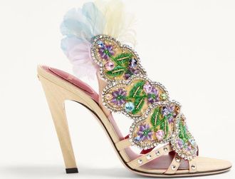 Valentino Garavani Dans Le Foyer Sandal In Moir&eacute; Fabric With Floral Embroidery And Feathers 105Mm Wo