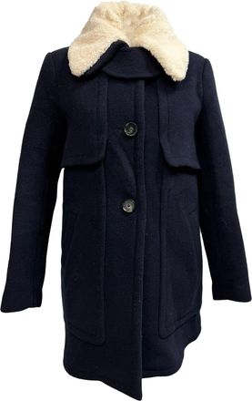 Claudie Pierlot Round Neck Sheared-Collar Coat in Navy Blue Wool