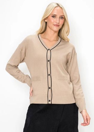 YAL New York V-Neck Cardigan in Beige with Contrast Piping