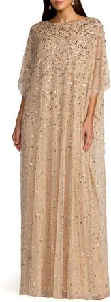 Mac Duggal Beaded Mesh Kaftan Evening Gown with Round Neck in Gold at Nordstrom, Size X-Large