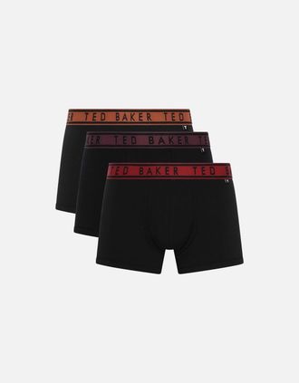 Ted Baker Mens 3-Pack Contrast Waistband Boxer Trunks, Black w/ burgundy/red/gingerbread - Size: 32/30/31