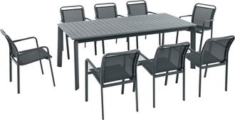 Vente-Unique Comedor de jard&iacute;n de aluminio: mesa extensible L.205/286.5 cm y 8 sillones apilables - Gris oscuro - VELYRA de MYLIA