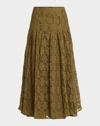 Max Mara Pleated Floral Lace Midi Skirt