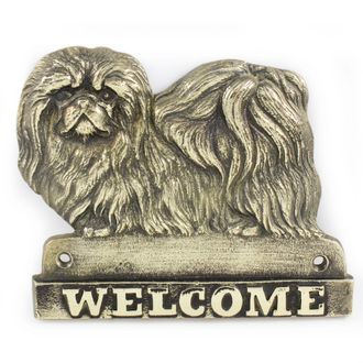 OEM Pekin&eacute;s: Un Cartel Para Puerta Con Un Perro, Una Placa De Bienvenida De Lat&oacute;n, Un Cartel &Uacute;nico Con La Palabra Bienvenido De Art-dog