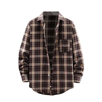 Generic Shirt for Men Flannel Plaid Long Sleeve Shirts Mens Casual Button Down Shirt Soft Plaid Regular with Pockets Shirt Long Sleeve Men (Brown, XXXXL)