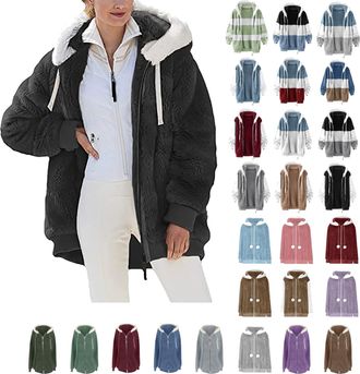 Generic Fleece Jacket Women,Warm Soft Teddy Hooded Fluffy Jackets Full Zipper Long Sleeve Overcoat with Pocket Ladies Winter Hooded Coats Plus Size Wool Coats