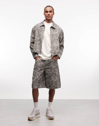 Liquor & Poker Giacca di jeans squadrata con stampa leopardata sbiadita in coordinato-Multicolore
