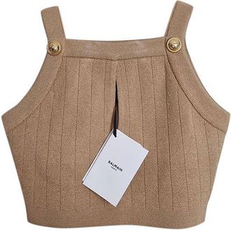 Balmain Camel Stretch-Knit Square Neck Crop Top Size M