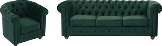 Vente-Unique Sof&aacute; de 3 plazas y sill&oacute;n de terciopelo verde CHESTERFIELD
