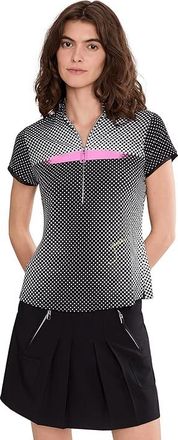 Jamie Sadock Optic Dot Black and White Collar Cap Sleeves Womens Clothing Black : MD, Polyester/Spandex