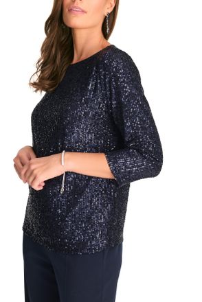 Hermann Lange Paillettenshirt, Damen, Gr. 36, blau (marine), Obermaterial: 97% Polyester, 3% Elasthan, HERMANN LANGE COLLECTION, festlich, figurbetont taillenbedeck