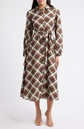 Julia Jordan Plaid Tie Waist Long Sleeve Midi Dress in Brown Multi at Nordstrom Rack, Size 16