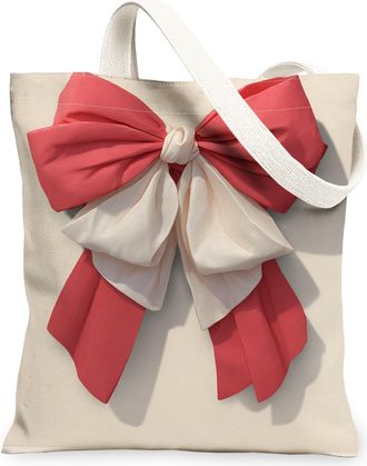 Generic Elegant Bow Canvas Tote Bags, Stylish Ribbon Design Reusable Shopping Bags, Summer Lightweight Washable Shoulder Strap Canv, Beige, 13x15 Inch