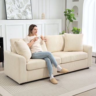HOMCOM 212 cm Upholstered Jumbo Cord Sofa Couch with Spring Cushion, Cream | Size: 3 Seater