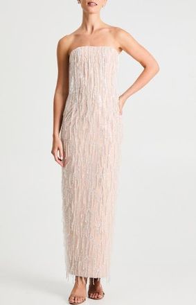 Helsi Ramona Fringe Embellished Strapless Column Gown in Off White/Beige at Nordstrom, Size X-Small