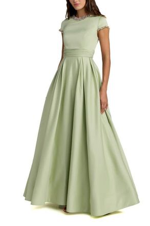 Mac Duggal Petite Embellished Satin Cap Sleeve Ball Gown in Sage at Nordstrom, Size 10