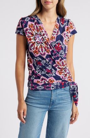 売れ筋商品|||ジョーンズニューヨーク カットソー トップス レディース Women's Printed Pleated-Shoulder Tie-Front Top Blue Lagoon Multi Jones New York Women's Printed Pleated-Shoulder Tie-Front