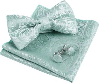 Alizeal Mens Classic Paisley Jacquard Bow Tie, Hanky and Cufflinks Set, Neo Mint