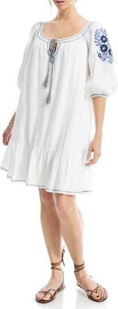 Max Studio Puff Sleeve Embroidered Shift Dress in White/navy Papvr Ortl Emb Yoke at Nordstrom Rack, Size X-Small
