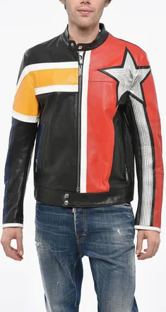 Dsquared2 CATEN Leather Motorbiker Jacket with Metallic Leather Detail Dsquared2