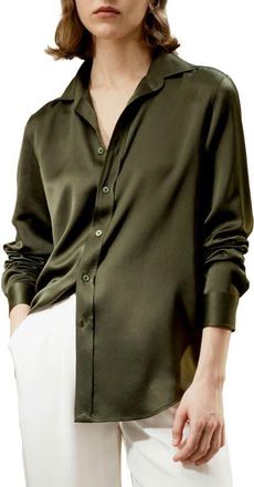 LilySilk Tailored Button Down Silk Shirt in Dark Olive at Nordstrom, Size 16
