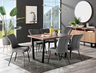 Furniturebox Kylo Large Brown Wood Effect Dining Table & 6 Nora Black Leg Velvet Chairs in Dark Grey