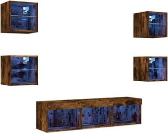 vidaXL Vidaxl - Muebles Tv Pared Con Led 7 Pzas Madera Ingenier&iacute;a Roble Ahumado