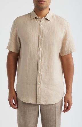 Bugatchi Orson Shaped Fit Short Sleeve Linen Button-Up Shirt in Sand at Nordstrom, Size Xxx-Large