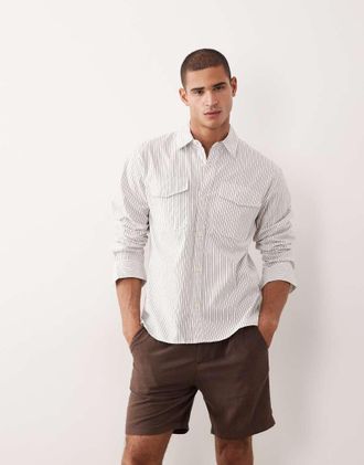 Abercrombie & Fitch Camicia a maniche lunghe bianca a righe con tasche-Bianco