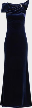 Badgley Mischka Draped Stretch Velvet Column Gown