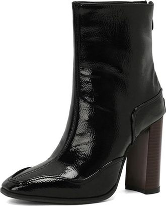 Generic Womens Square Toe Chunky Heel Short Boots Side Zip Faux Lether Booties,Black,5.5 UK