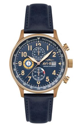 AVI-8 Hawker Hurricane Classic Chronograph Leather Strap Watch, 44mm in Blue at Nordstrom