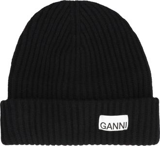 Ganni Womens Ribbed Knit Beanie Black Wool Hat
