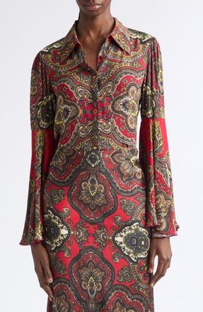 Alice & Olivia Willa Fitted Button Up Top with Bell Sleeves in Bon Voyage Hibiscus Multi at Nordstrom, Size X-Large