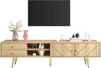 STILVORA Mueble Tv Con 2 Puertas, 2 Cajones Y 2 Huecos Abiertos, Patas De Metal Dorado, Estilo Moderno, 160&times;36&times;42 Cm, Madera