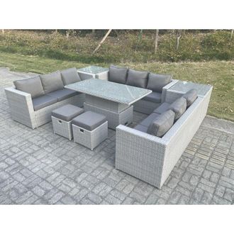 Fimous U Shape Lounge Rattan Garden Furniture Set Adjustable Rising Lifting Table Dining Set With 2 pc Side Coffee Tea Table Stool - Fimous