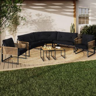 IDMarket Conjunto De Muebles Bajos De Jard&iacute;n Rio De 8 Plazas Con Estructura De Metal Y Cordaje Efecto Rat&aacute;n Claro Y Cojines Negros